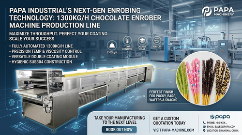 Latest company news about Papa Industrial Launches High-Capacity 1300kg/h Double Coating Chocolate Enrober Machine Line